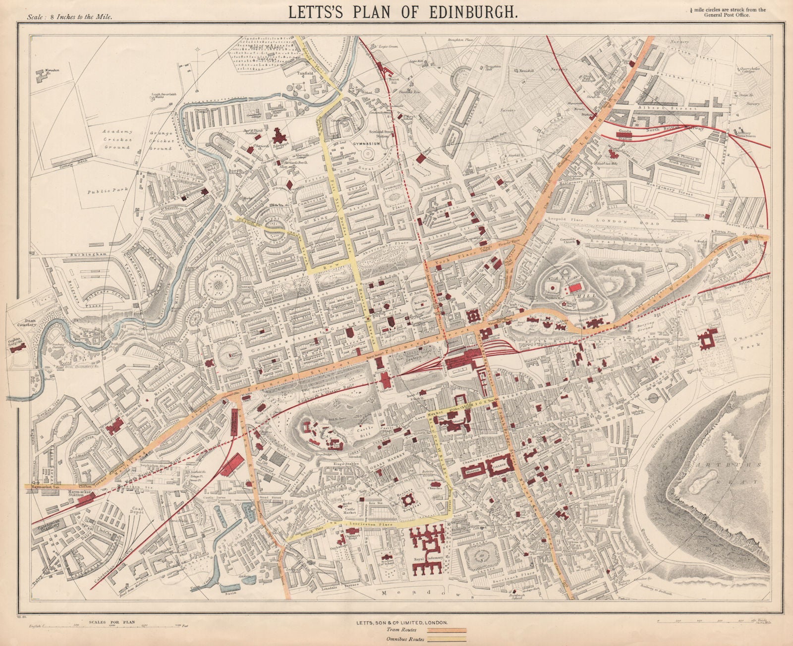 EDINBURGH town city map plan. Tram bus railways routes stations. LETTS 1889